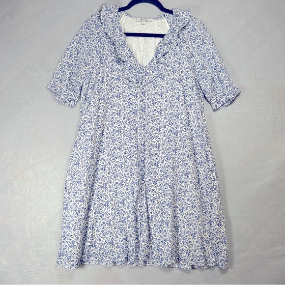 Madewell Blue & White Ruffle Button-Front Trapeze Dress‎ Women’s Size Small - Picture 4 of 13